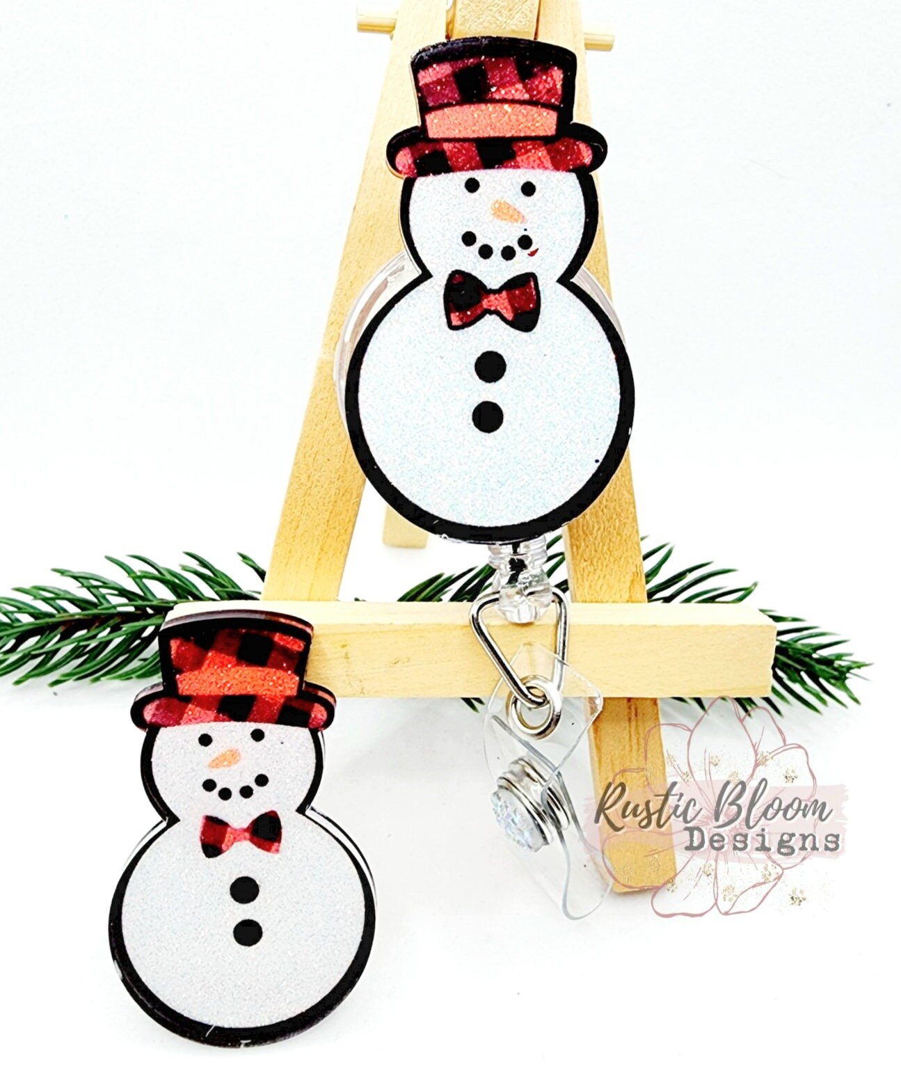 Glitter Snowman Plaid Hat bootie  Badge Reel Interchangeable retractable Custom Work ID Nurse Gift Teacher Christmas Buffalo Plaid