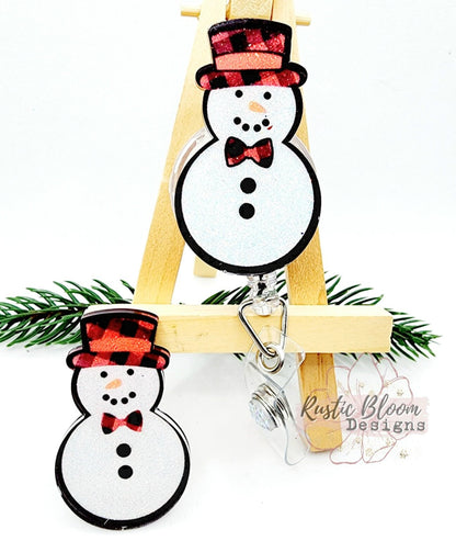 Glitter Snowman Plaid Hat bootie  Badge Reel Interchangeable retractable Custom Work ID Nurse Gift Teacher Christmas Buffalo Plaid