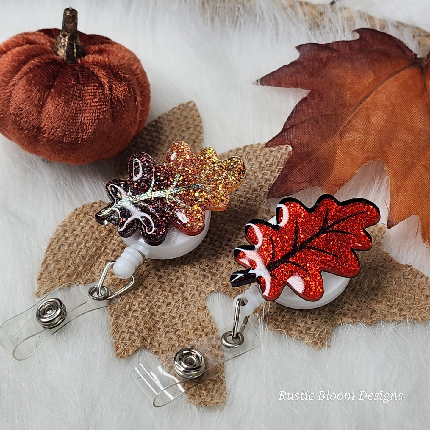Fall Leaf Glitter Badge Reel Interchangeable Name Tag Work ID Holder Personalized Nurse Gift for Teacher Holiday Badge Seasonal Badge