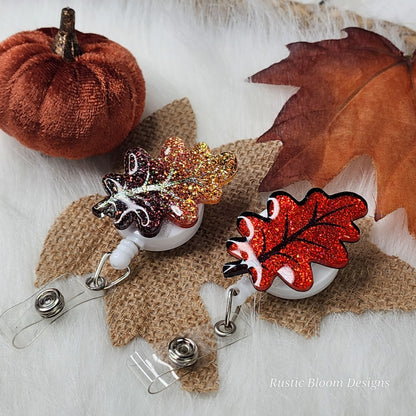 Fall Leaf Glitter Badge Reel Interchangeable Name Tag Work ID Holder Personalized Nurse Gift for Teacher Holiday Badge Seasonal Badge