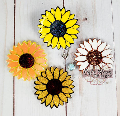 Glitter Sunflower Badge Reel Retractable Interchangeable Nurse Name Holder Custom Gift For Her Work ID holder Teacher ID Tag