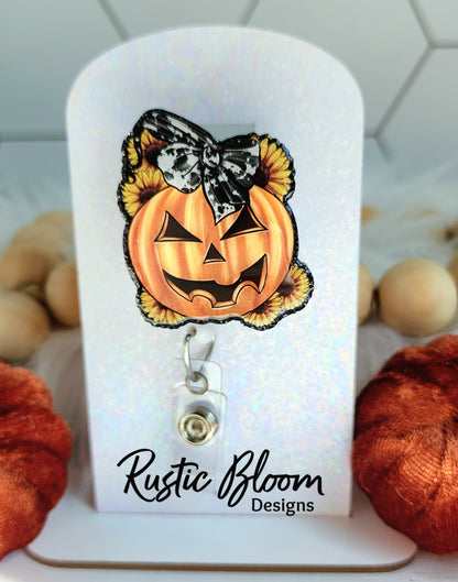 Jack O Lantern Pumpkin Sunflowers halloween  Glitter Badge Reel Interchangeable Name Tag Work ID Holder Personalized Nurse Gift for Teacher