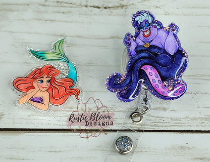 Ursula  Character Glitter Badge Reel Interchangeable RN Custom Retractable BadgeID Holder Teacher Gift For Coworker Name Tag Nurse