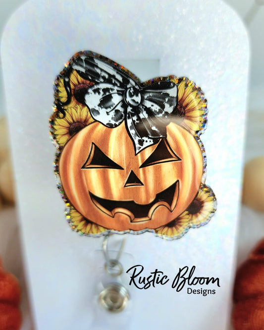 Jack O Lantern Pumpkin Sunflowers halloween  Glitter Badge Reel Interchangeable Name Tag Work ID Holder Personalized Nurse Gift for Teacher
