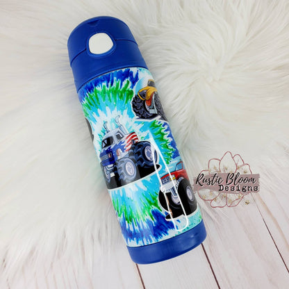 Monster Truck Tie-Dyed Kids Water Bottle Flip Top Tumbler Kids Birthday gift Custom Cups Boy Gifts Personalized gifts Son gift