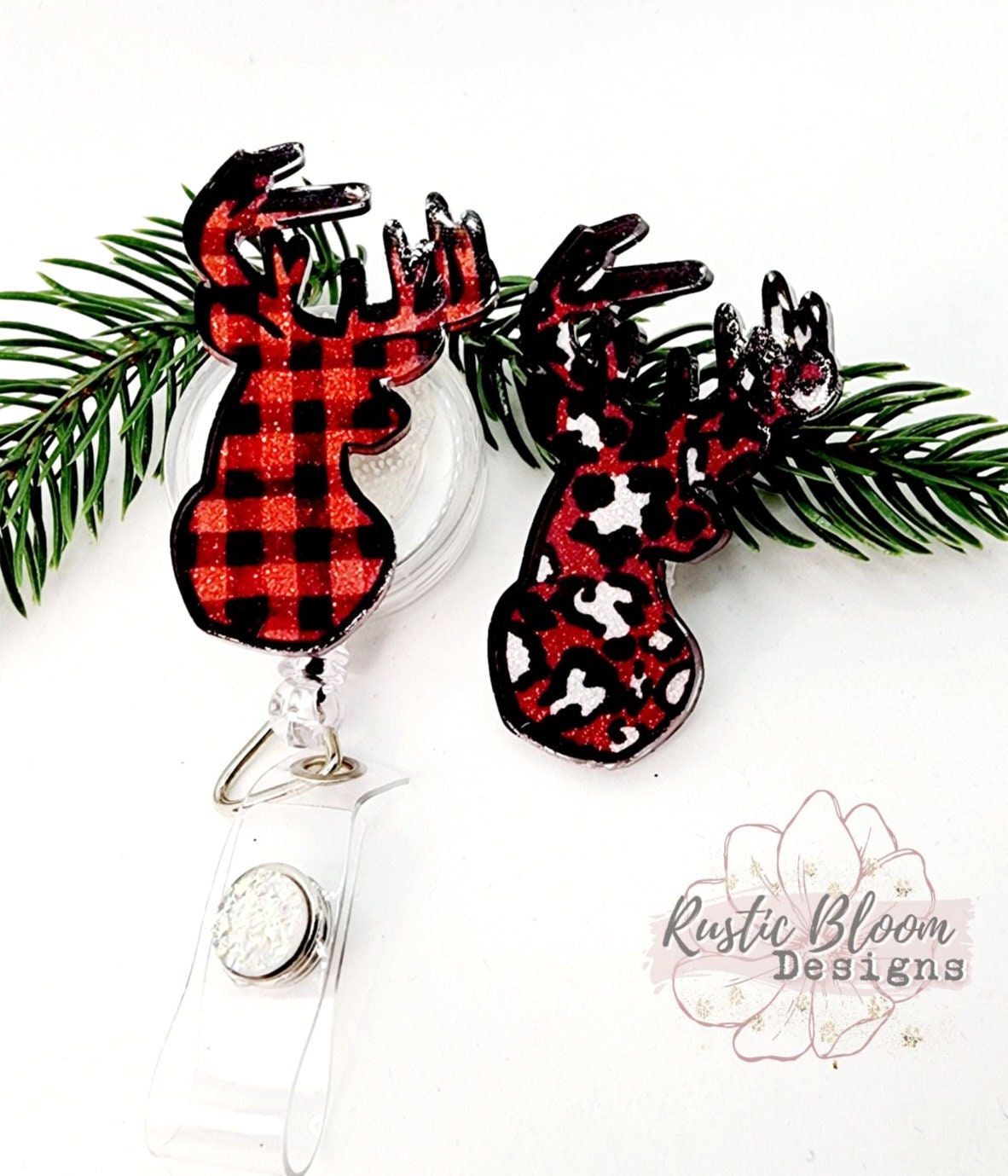 Glitter Deer Head Christmas Badge Reel Interchangeable retractable Personalized Custom Work ID Nurse Gift Teacher Christmas buffalo plaid