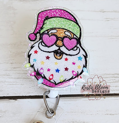 Hip Santa Glitter Badge Christmas Santa Head Badge Reel Interchangeable retractable Personalized Custom Work ID Nurse Gift Teacher Christmas