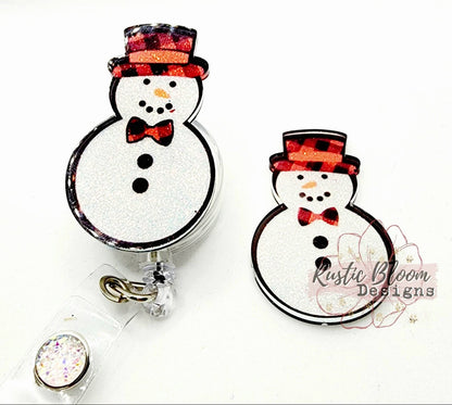 Glitter Snowman Plaid Hat bootie  Badge Reel Interchangeable retractable Custom Work ID Nurse Gift Teacher Christmas Buffalo Plaid