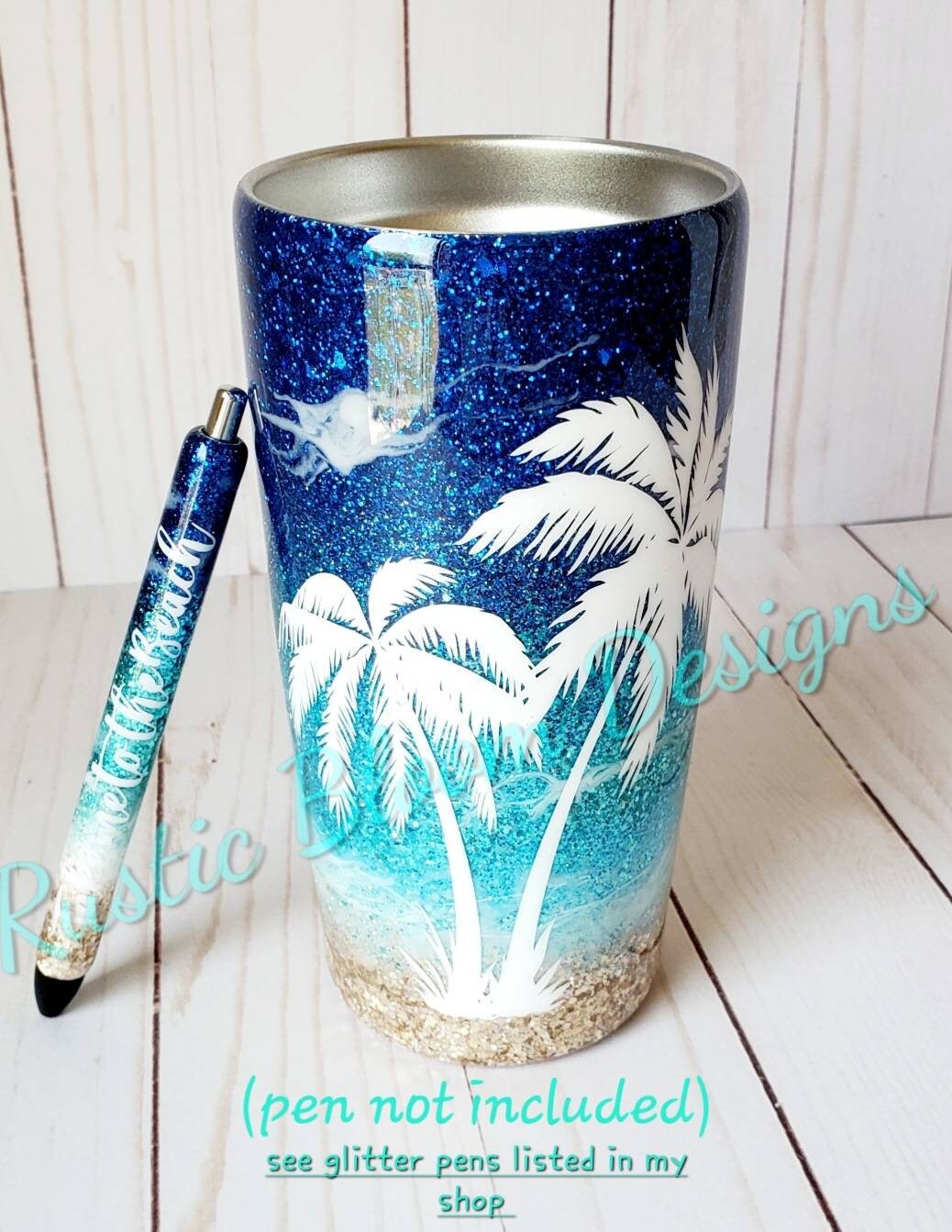 BEACH Ombre Glitter Tumbler PALM TREES  Mother's Day Gift for Her Custom Insulated Travel Coffee Mug Personalized Cup Tropical Ocean Waves