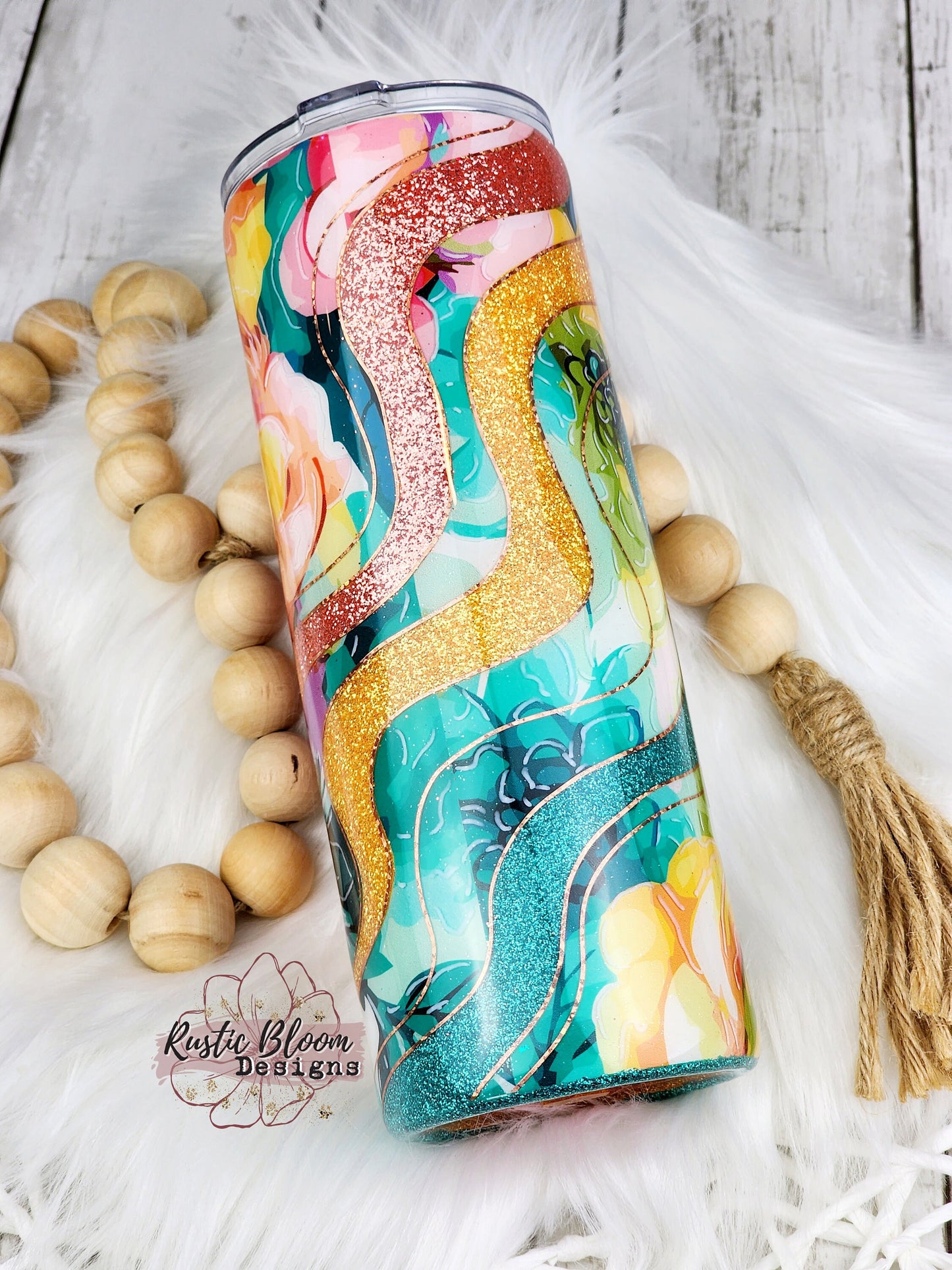 Glitter Pink Coral Teal Floral Swirl Wave Tumbler Custom Gift for Her Travel Mug Personalized Insulated Coffee Cup Hot Drinks Cold