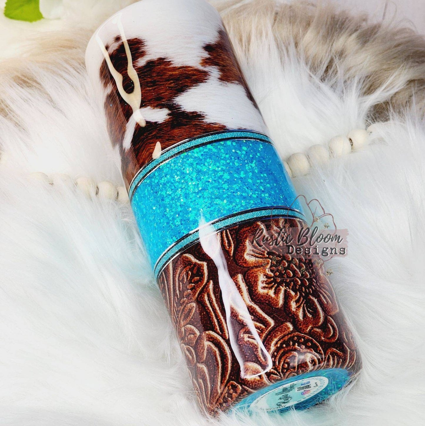Western Cow Tumbler Teal Turquoise Glitter Tooled Leather Cowhide Lover Rustic Travel mug Coffee Lover Epoxy Drink Cup Water Personalized