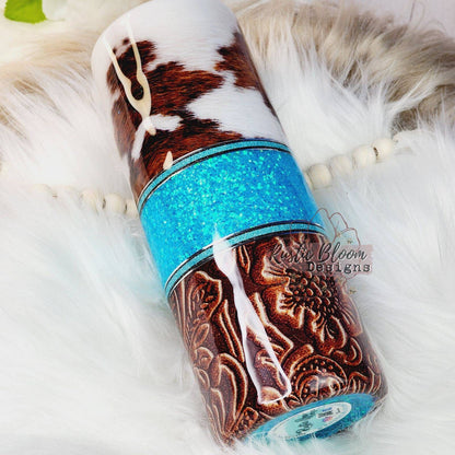Western Cow Tumbler Teal Turquoise Glitter Tooled Leather Cowhide Lover Rustic Travel mug Coffee Lover Epoxy Drink Cup Water Personalized