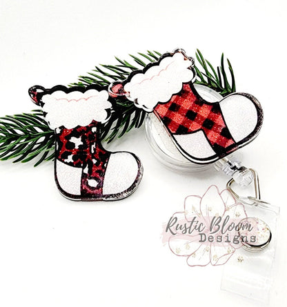 Glitter Stocking Christmas Badge Reel Interchangeable retractable Personalized Custom Work ID Nurse Gift Teacher Christmas buffalo plaid