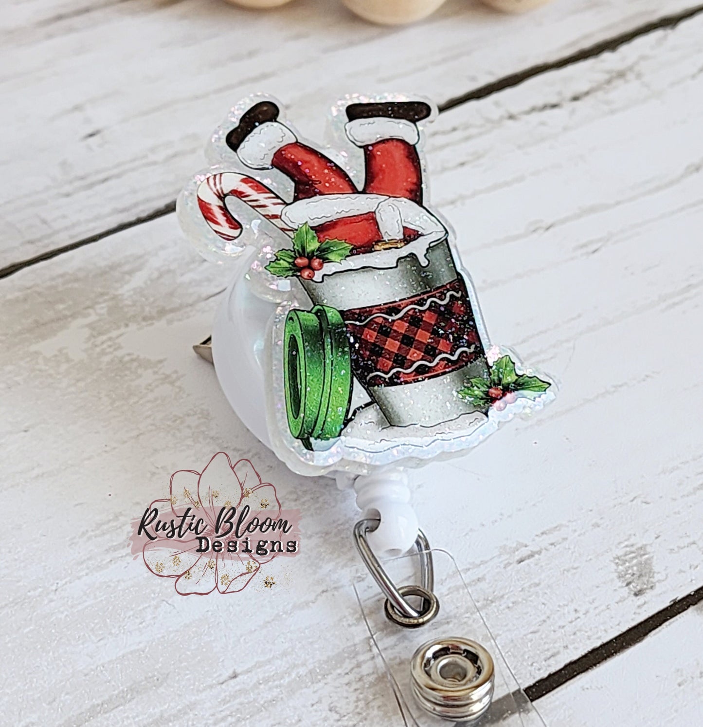 Glitter Christmas Santa Feet Coffee Mug Badge Reel Interchangeable retractable Personalized Custom Work ID Nurse Gift Teacher