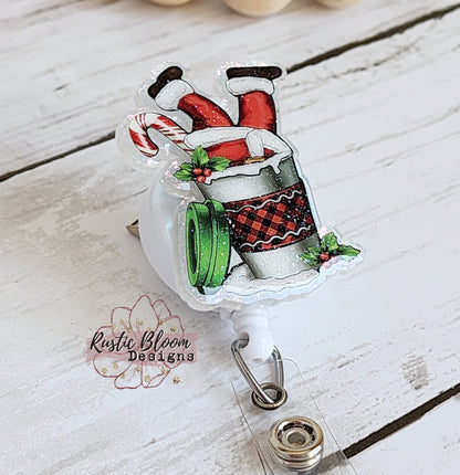Glitter Christmas Santa Feet Coffee Mug Badge Reel Interchangeable retractable Personalized Custom Work ID Nurse Gift Teacher