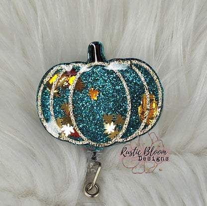 Fall Leopard Pumpkin Glitter Badge Reel  Interchangeable Name Tag Work ID Holder Personalized Nurse Gift for Teacher Holiday Badge