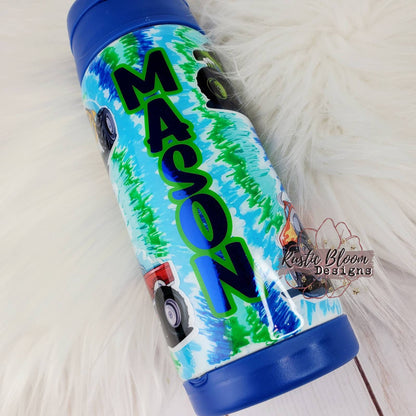 Monster Truck Tie-Dyed Kids Water Bottle Flip Top Tumbler Kids Birthday gift Custom Cups Boy Gifts Personalized gifts Son gift