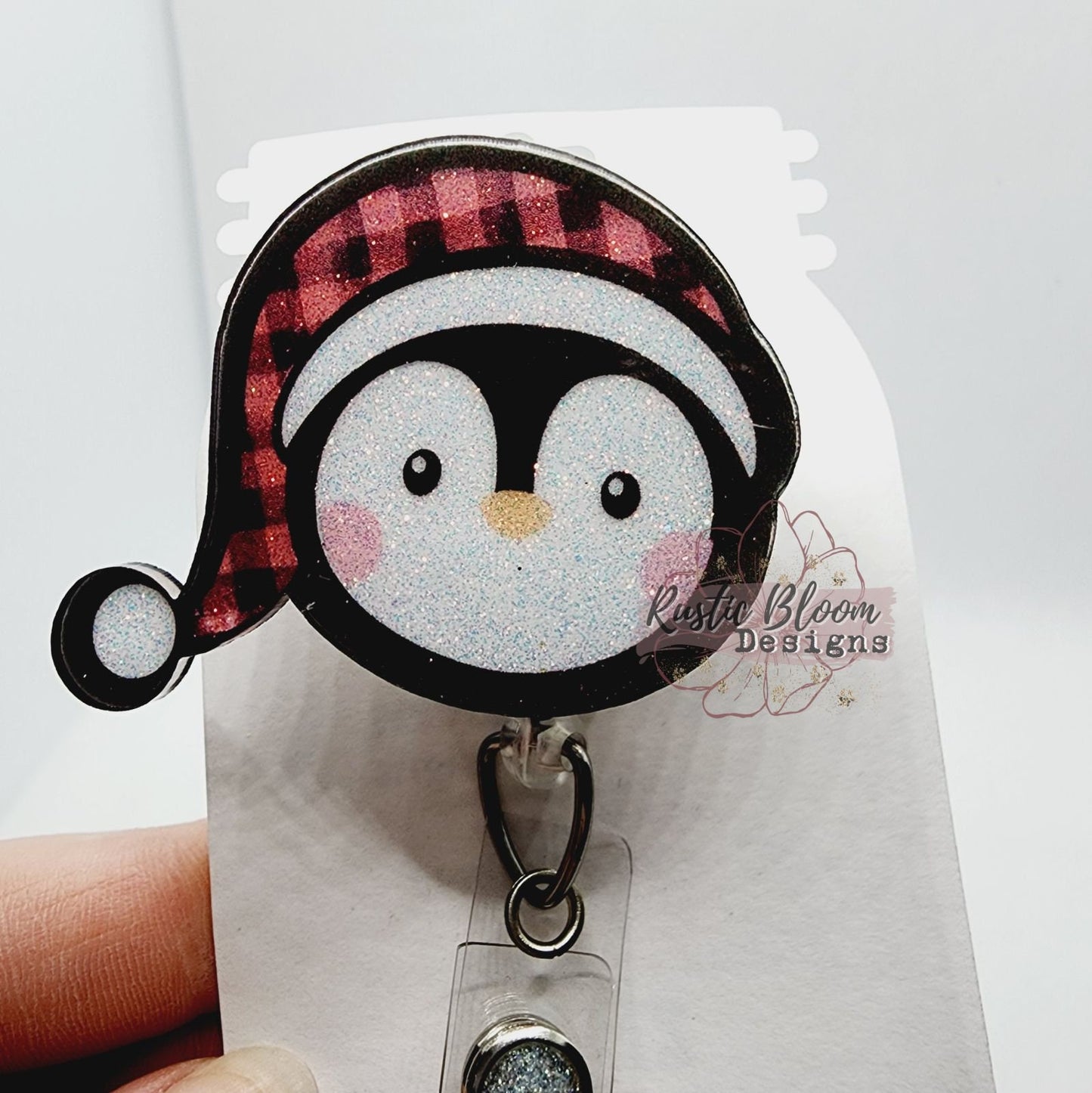 Glitter Penguin Santa Hat Christmas Badge Reel Interchangeable retractable Custom Work ID Nurse Gift Teacher Christmas buffalo plaid
