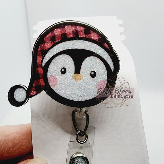 Glitter Penguin Santa Hat Christmas Badge Reel Interchangeable retractable Custom Work ID Nurse Gift Teacher Christmas buffalo plaid