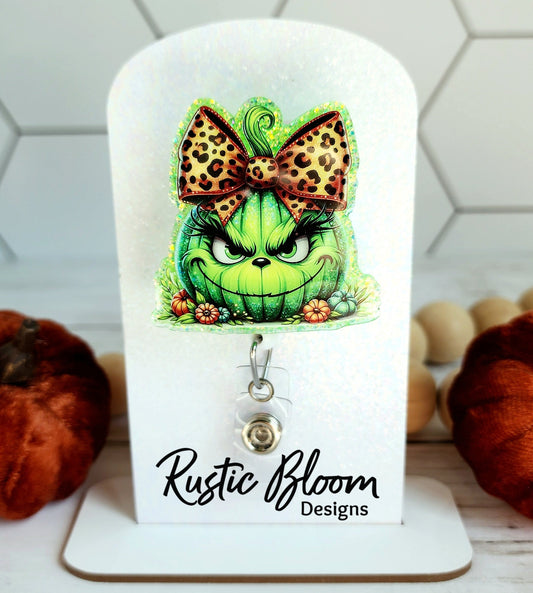Grinch Pumpkin Orange Leopard Print Bow Glitter Badge Reel Interchangeable Name Tag Work ID Holder Personalized Nurse Gift for Teacher