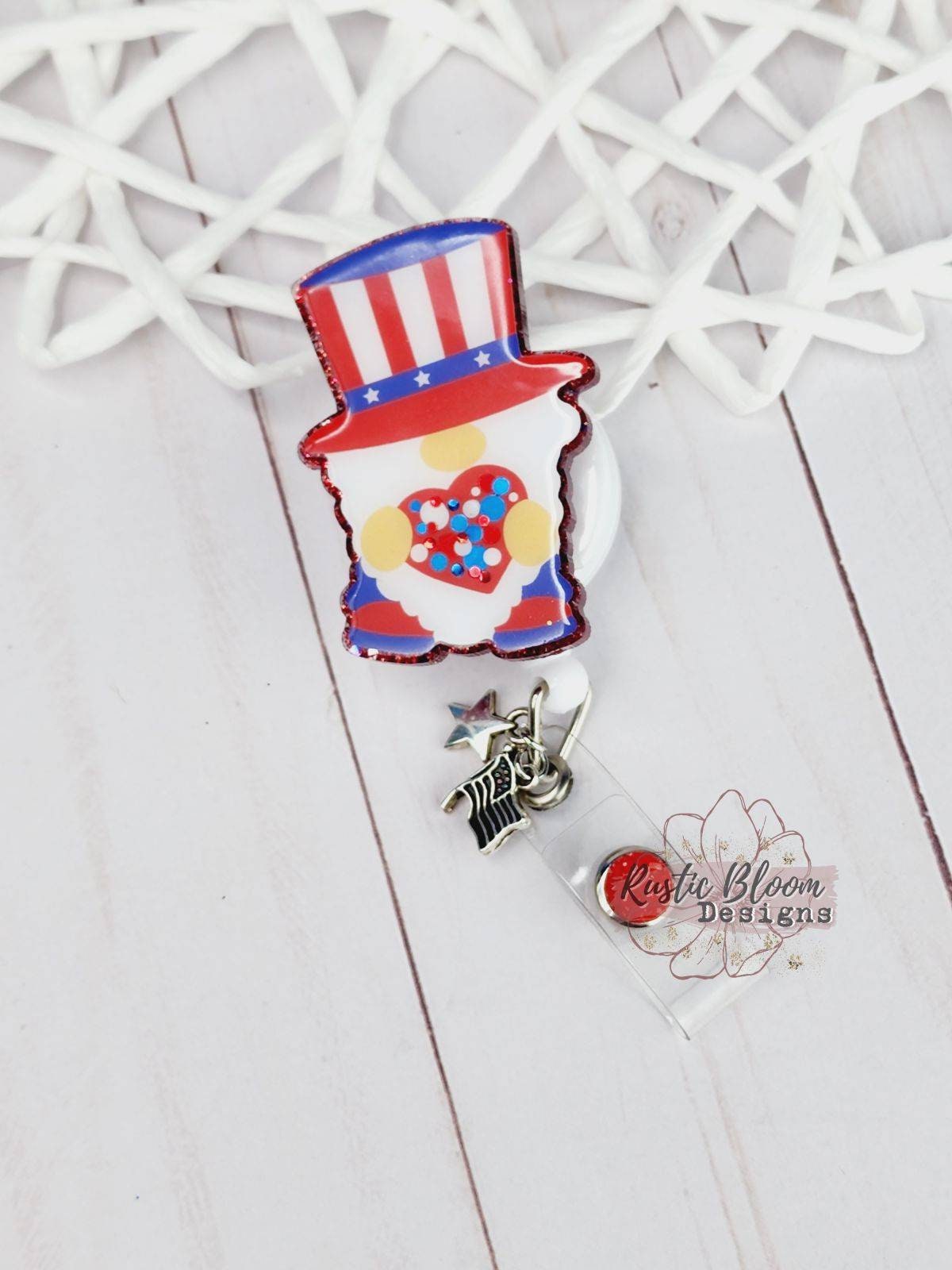 Cute Gnome 4th of July Glitter Badge Reel Custom Retractable Interchangeable Name Tag Work ID Holder Personalized Nurse Gift for Teacher ID