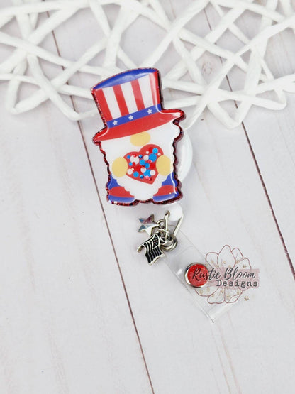 Cute Gnome 4th of July Glitter Badge Reel Custom Retractable Interchangeable Name Tag Work ID Holder Personalized Nurse Gift for Teacher ID