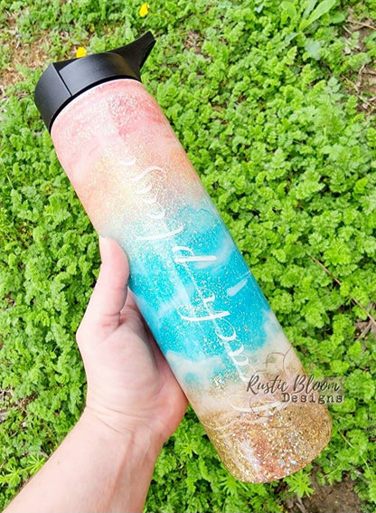 Personalized Beach Pastel Glitter Tumbler Personalized Custom Travel Coffee Mug Gift for Mother's Mama Cup Girly Sparkly Epoxy with Handle