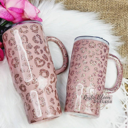 Glitter Pink Peekaboo Leopard Print Cheetah Tumbler Custom Gift for Her Travel Mug Personalized Insulated Coffee Cup with Handle Hot Drinks