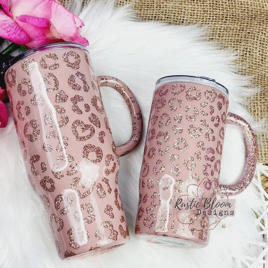 Glitter Pink Peekaboo Leopard Print Cheetah Tumbler Custom Gift for Her Travel Mug Personalized Insulated Coffee Cup with Handle Hot Drinks