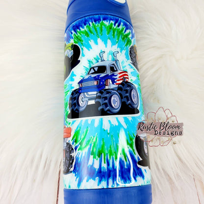 Monster Truck Tie-Dyed Kids Water Bottle Flip Top Tumbler Kids Birthday gift Custom Cups Boy Gifts Personalized gifts Son gift