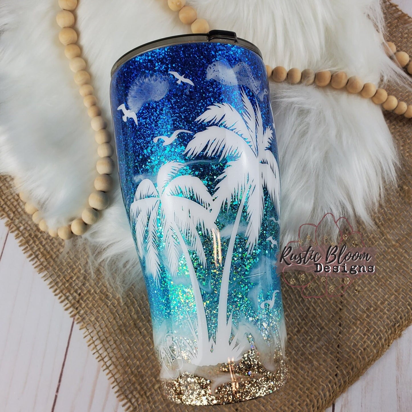 BEACH Ombre Glitter Tumbler PALM TREES  Mother's Day Gift for Her Custom Insulated Travel Coffee Mug Personalized Cup Tropical Ocean Waves