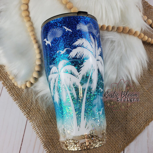 BEACH Ombre Glitter Tumbler PALM TREES  Mother's Day Gift for Her Custom Insulated Travel Coffee Mug Personalized Cup Tropical Ocean Waves