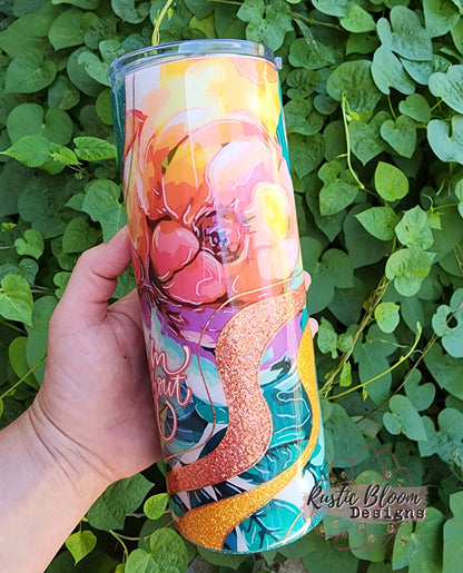 Glitter Pink Coral Teal Floral Swirl Wave Tumbler Custom Gift for Her Travel Mug Personalized Insulated Coffee Cup Hot Drinks Cold