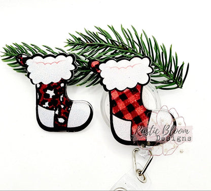 Glitter Stocking Christmas Badge Reel Interchangeable retractable Personalized Custom Work ID Nurse Gift Teacher Christmas buffalo plaid