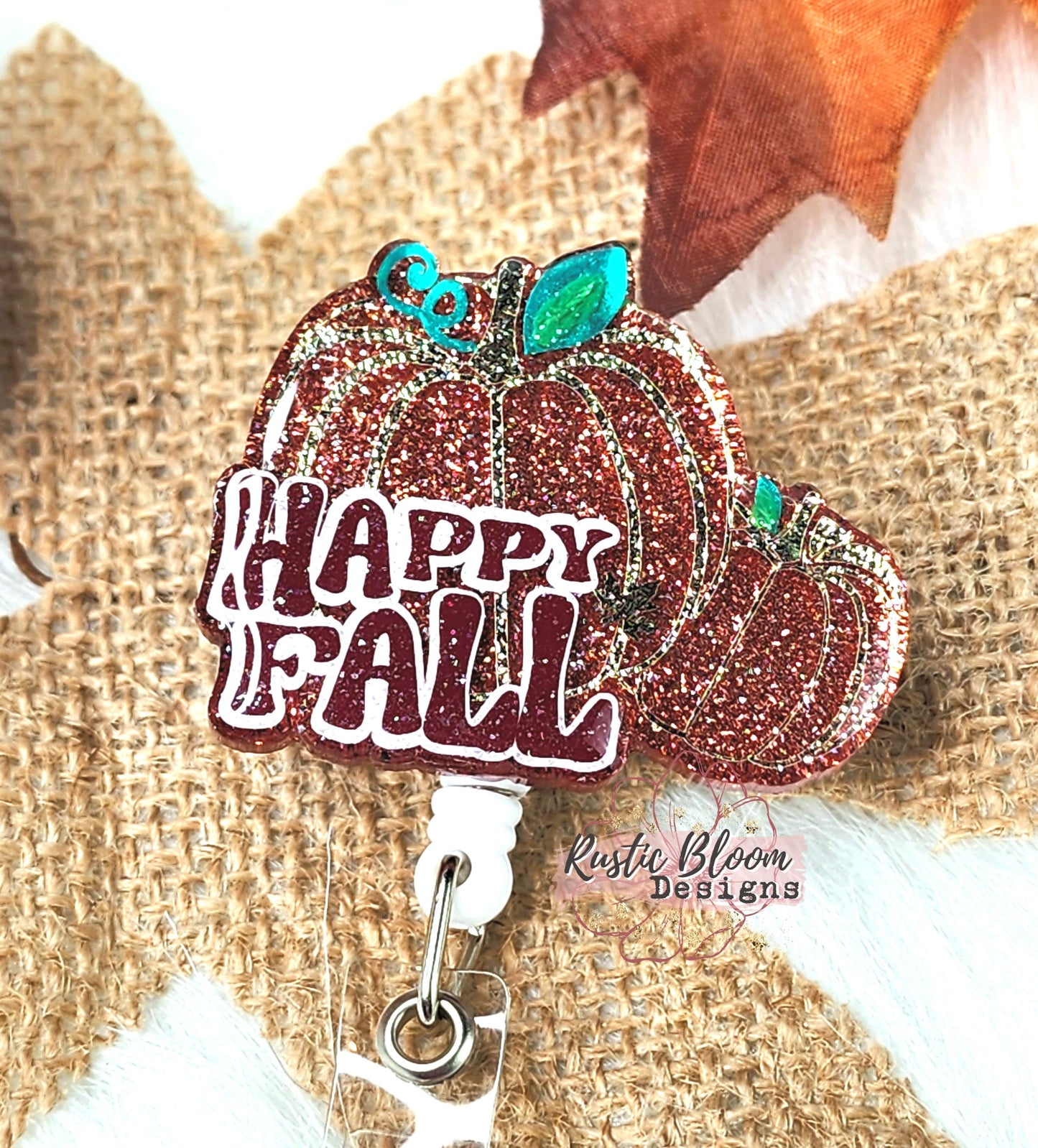 Fall Leopard Pumpkin Glitter Badge Reel  Interchangeable Name Tag Work ID Holder Personalized Nurse Gift for Teacher Holiday Badge