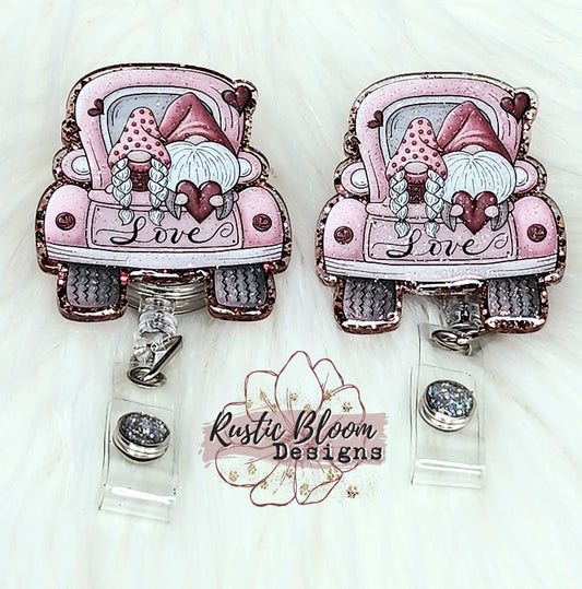 Valentine's Day Glitter Gnome Truck Badge Personalized Leopard Print Nurse Badge Custom Work Name Tag Teacher Gift Retractable Badge Reel