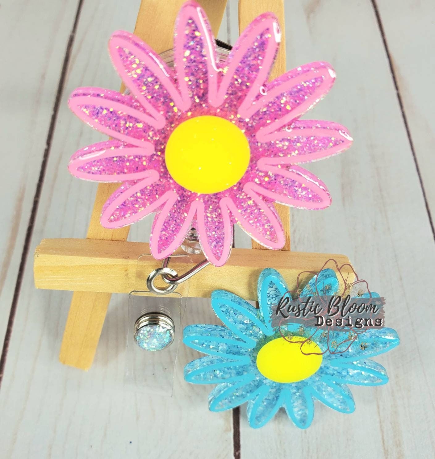 Glitter Daisy Flower Badge Reel Retractable Interchangeable Nurse Name Holder Custom Gift For Her Work ID holder Teacher ID Tag