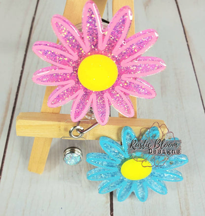 Glitter Daisy Flower Badge Reel Retractable Interchangeable Nurse Name Holder Custom Gift For Her Work ID holder Teacher ID Tag