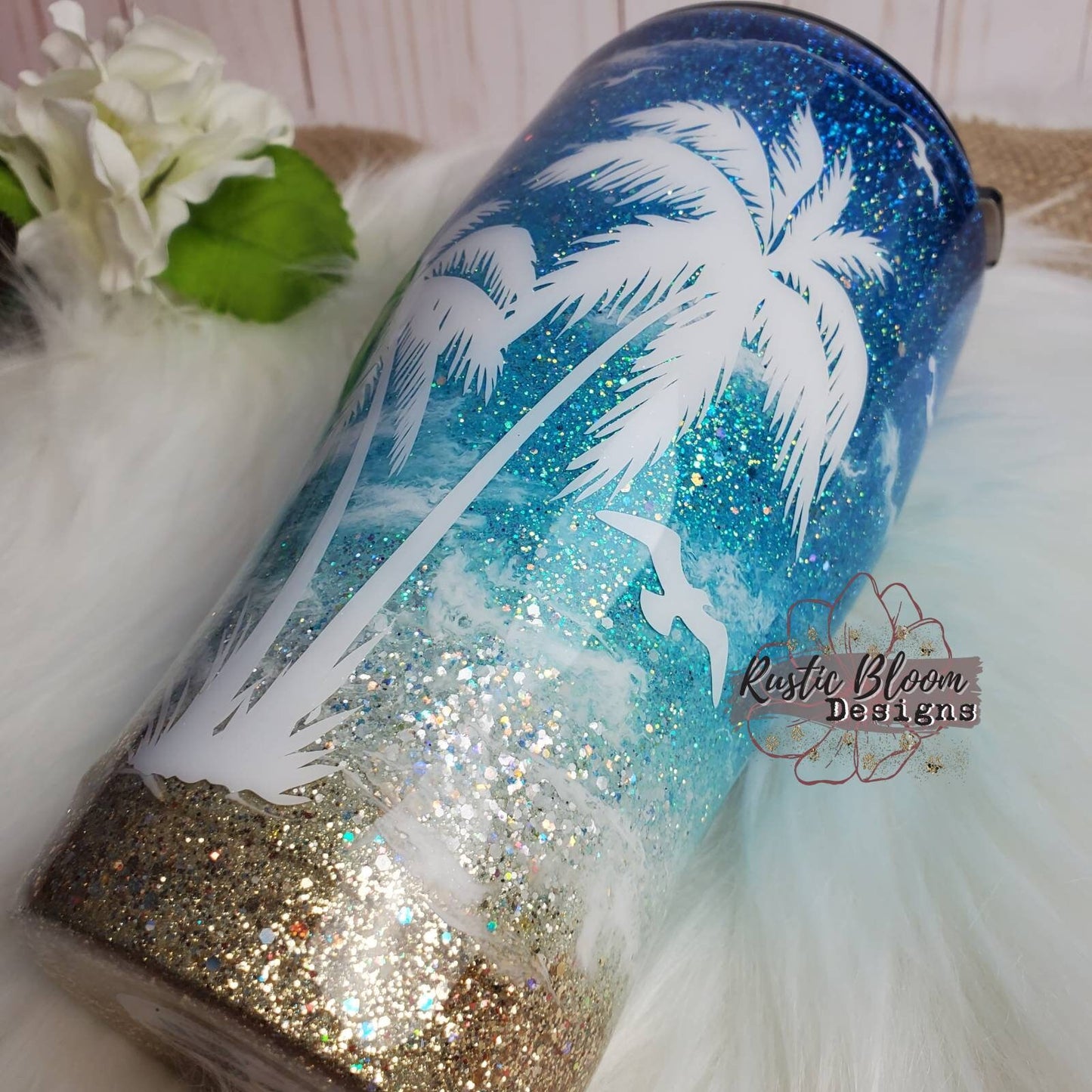 BEACH Ombre Glitter Tumbler PALM TREES  Mother's Day Gift for Her Custom Insulated Travel Coffee Mug Personalized Cup Tropical Ocean Waves