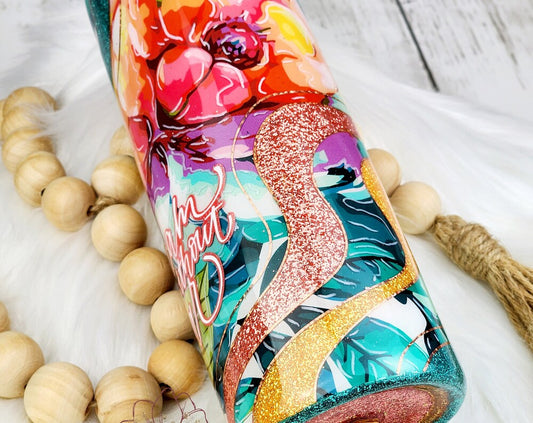 Glitter Pink Coral Teal Floral Swirl Wave Tumbler